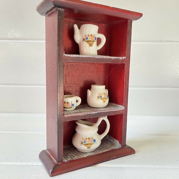Miniature Dollhouse Wood Cupboard with Ceramic  Pitcher Jar Cup - Picture 5 of 11